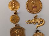 a close up of a group of gold medals on a white surface