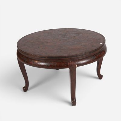 an image of a round wooden table with a wooden top