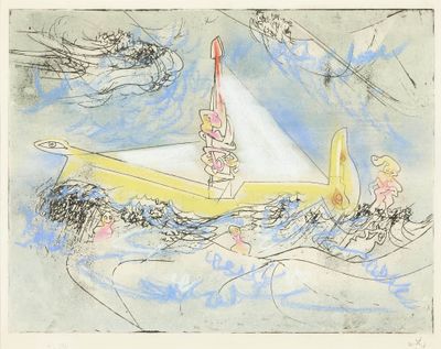 dessin représentant un homme dans un bateau jaune avec une femme dans un bateau jaune