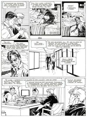 une bande dessinée en noir et blanc représentant un homme assis à une table