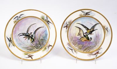 deux assiettes sur lesquelles sont peints des oiseaux sur un fond blanc