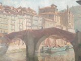 a painting of a painting of a bridge over a river