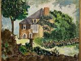 an oil painting of a house on a hill with a tree in the foreground
