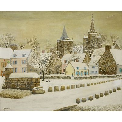 painting of a snowy village scene with a church in the background
