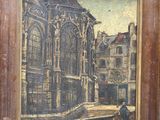 une vieille peinture représentant un bâtiment et un homme marchant dans la rue