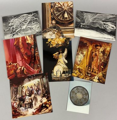 six postcards of paintings of a woman and a clock in a room