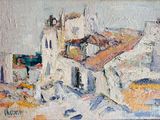 an oil painting of a white building with a red roof