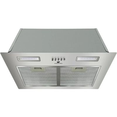 a close up of a stainless steel range hood with a light on it