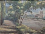 un tableau représentant une église au loin, avec des arbres au premier plan