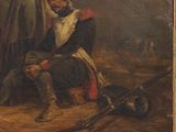 painting of a man sitting on the ground next to a horse