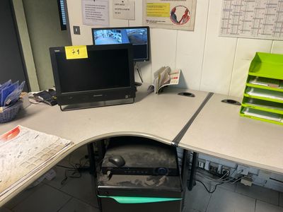a desk with a computer and a monitor on it