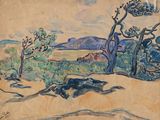 une image représentant un tableau représentant un paysage avec des arbres et une montagne en arrière-plan
