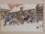 a picture of a painting of a horse drawn carriage in the snow