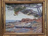 an oil painting of rocks and trees on a rocky beach