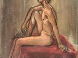 an image of a painting of a nude woman sitting on a red blanket