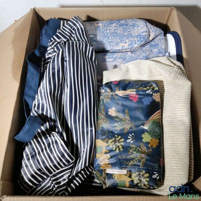 a box full of clothes and a purse in it