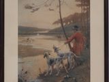 tableau représentant un homme et ses chiens au bord d'un lac, dans un cadre boisé