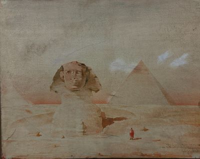painting of the sphinx and pyramids of giza in the desert