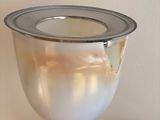a glass with a silver rim sitting on a table