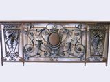 a metal fence that has a decorative design on it