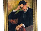 tableau représentant un homme en costume noir et chapeau, assis sur une chaise rouge