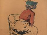 dessin représentant une femme assise sur une chaise, coiffée d'un chapeau
