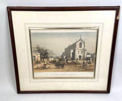 an old picture of a church with a horse drawn carriage in front of it