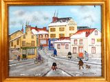 un tableau représentant une scène de rue avec des personnes et un chien