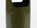 a green trash can with a hole in it