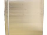 stainless steel refrigerator on casteors on a white background