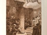 un dessin représentant une scène religieuse dans une église