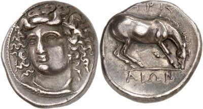 a close up of a coin with a horse on it