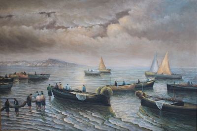 une peinture représentant un groupe de bateaux dans l'eau