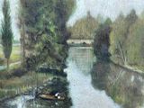 a painting of a river with a boat on it