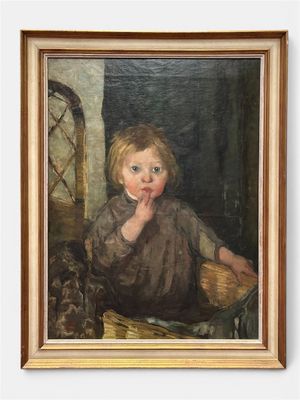 painting of a child sitting in a chair with a basket on his lap