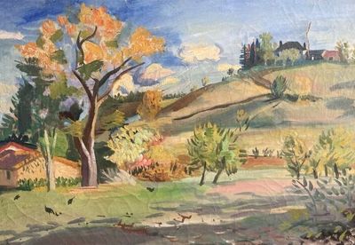 un tableau représentant une scène rurale avec une maison et des arbres