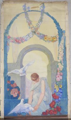 une peinture accrochée au mur d'un immeuble représentant une femme et une colombe