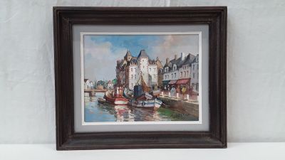 a picture of a painting of boats on the water