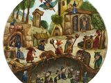 an image of a painting of people in a village with a bird flying over them