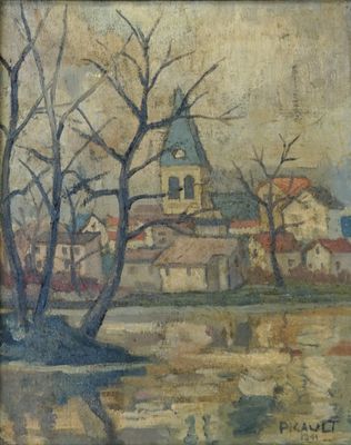 l'image d'un tableau représentant un village avec une église à l'arrière-plan