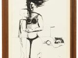 un dessin en noir et blanc représentant une femme en maillot de bain