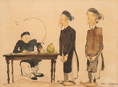 tableau représentant trois personnes debout autour d'une table sur laquelle se trouve un bol de fruits