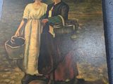 painting of a man and a woman standing next to each other on a blue carpet