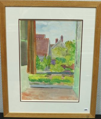 tableau représentant une fenêtre donnant sur une maison et des arbres