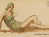 dessin représentant une femme en maillot de bain assise sur la plage