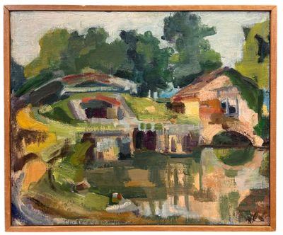 an image of a painting of a house by the water