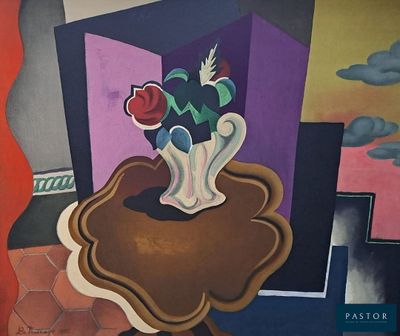 un tableau représentant un vase de fleurs posé sur une table devant une fenêtre