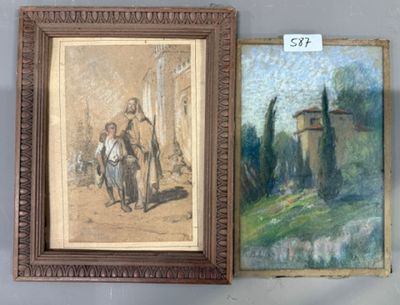 L TESSON - Les pèlerins Dessin au fusain et à la craie blanc…