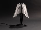 a black and white photo of a lamp on a table