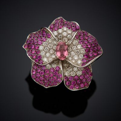 a pink sapphire and diamond flower broochle